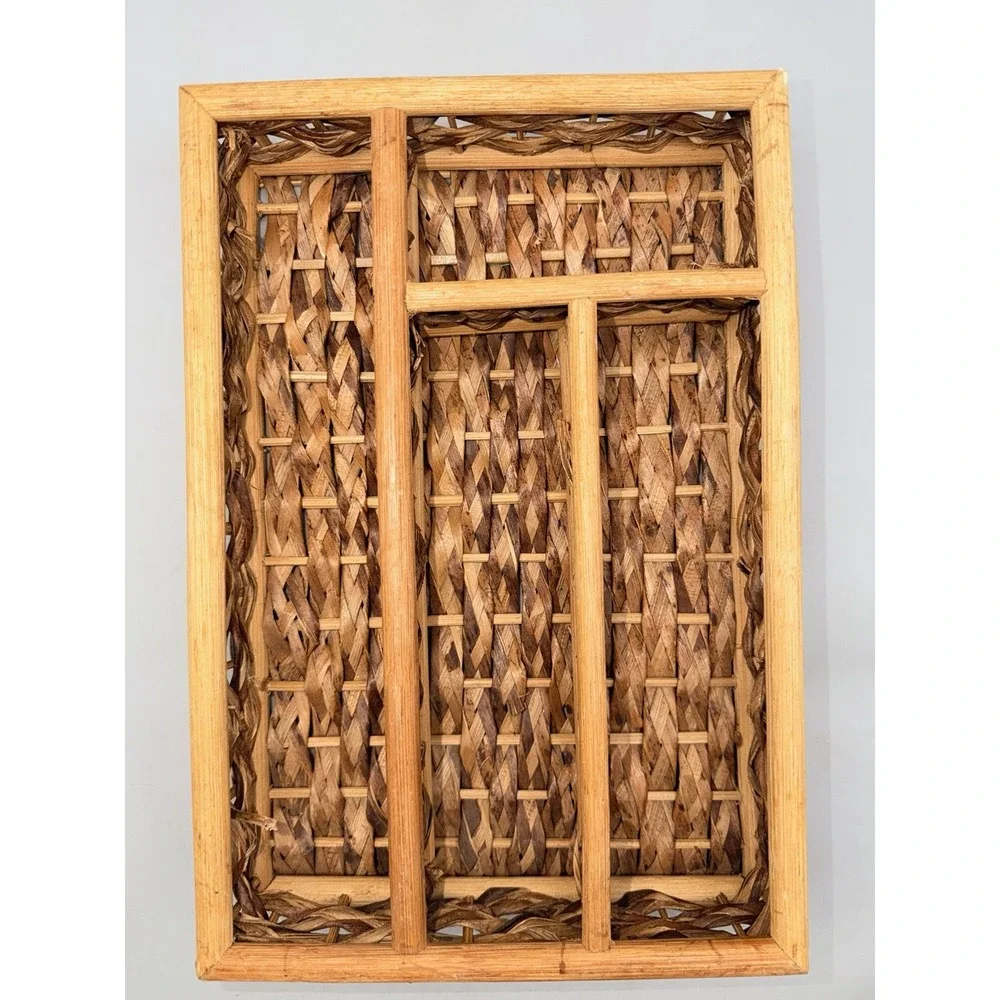 Vintage Woven Wicker Rattan Flatware Organizer Tray 4 Compartment Bamboo 12